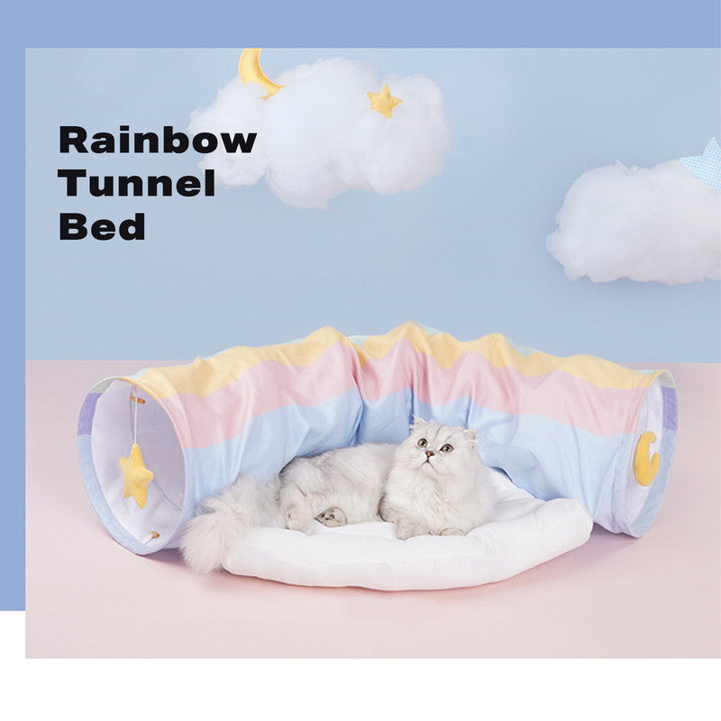 2-in-1 Rainbow Cat Tunnel Bed: Collapsible Play Tunnel with Removable Cushion