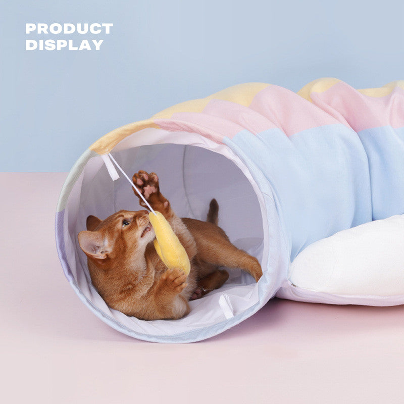 2-in-1 Rainbow Cat Tunnel Bed: Collapsible Play Tunnel with Removable Cushion