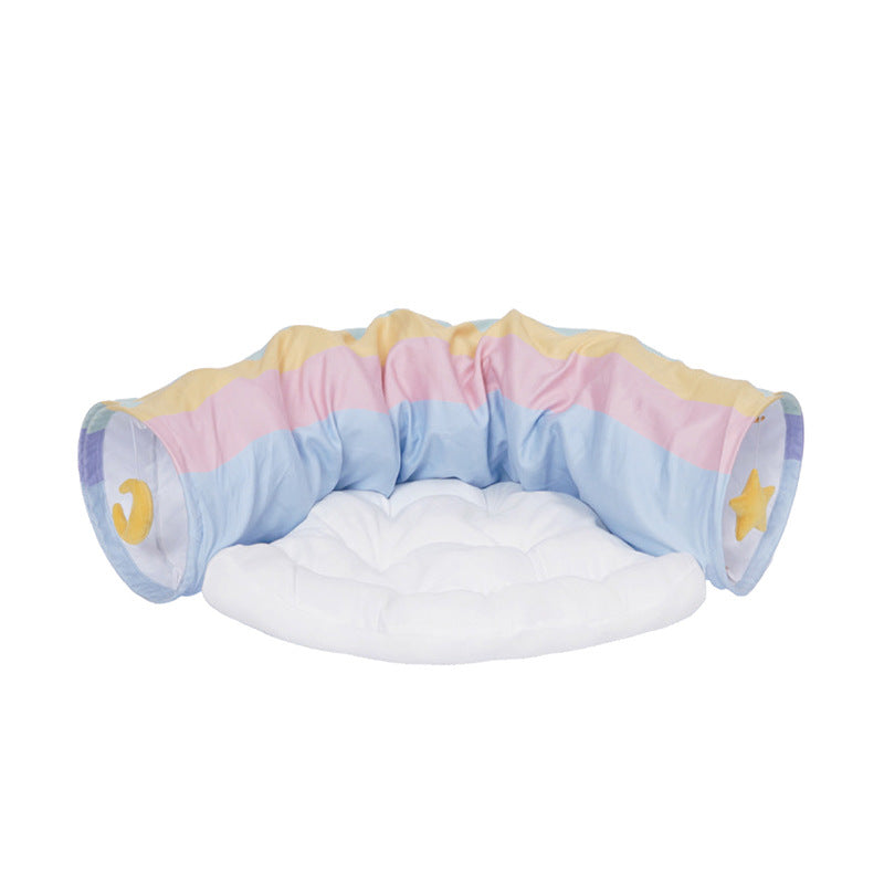 2-in-1 Rainbow Cat Tunnel Bed: Collapsible Play Tunnel with Removable Cushion