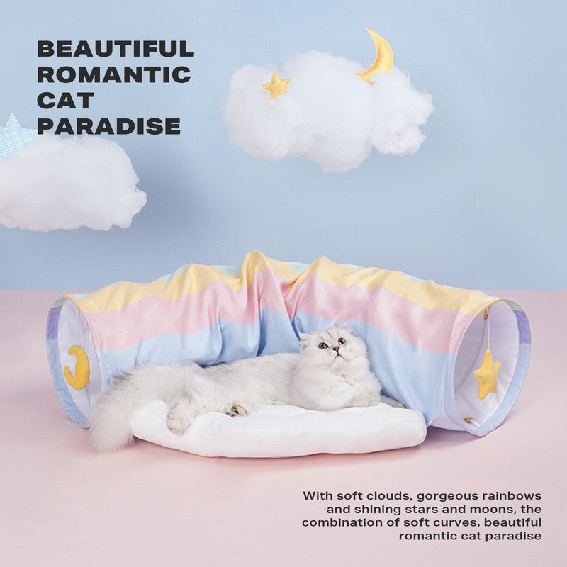 2-in-1 Rainbow Cat Tunnel Bed: Collapsible Play Tunnel with Removable Cushion