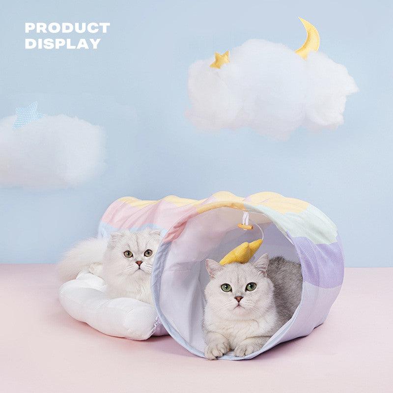 2-in-1 Rainbow Cat Tunnel Bed: Collapsible Play Tunnel with Removable Cushion