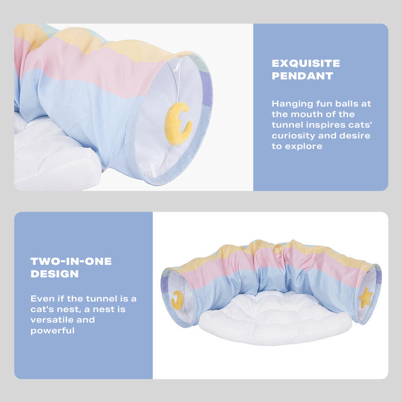 2-in-1 Rainbow Cat Tunnel Bed: Collapsible Play Tunnel with Removable Cushion